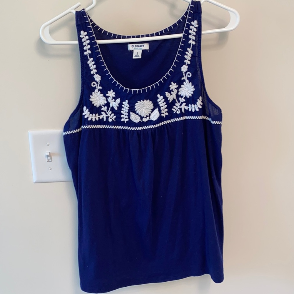 Blue and White Embroidered Tank